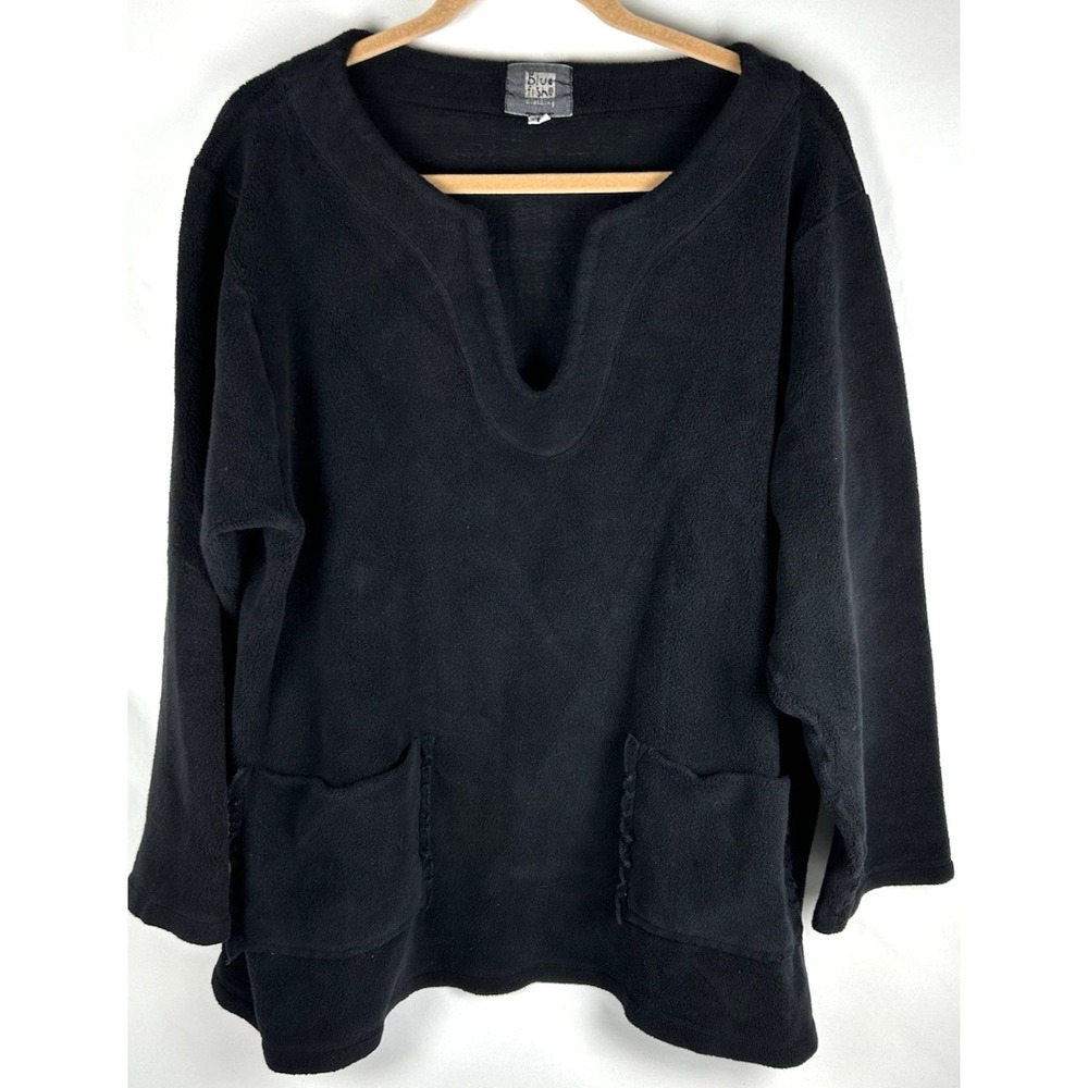 Blue Fish Black Oversize Fleece Pullover V Neck Sweater Sz 0 Pockets Lagenlook